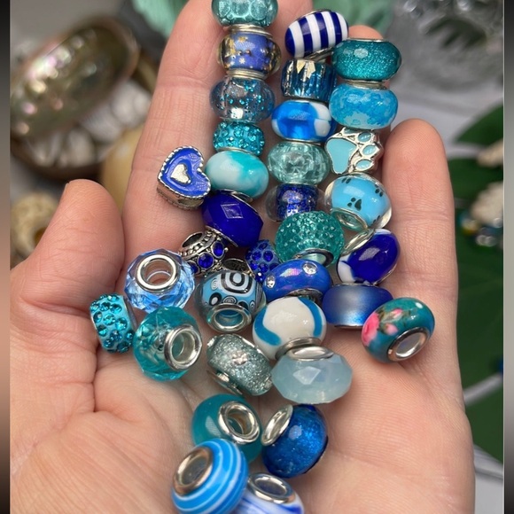 30 pc Lg Hole Pandora Style Blue Beads Bracelet Charms bundle diy jewelry making - Picture 8 of 16